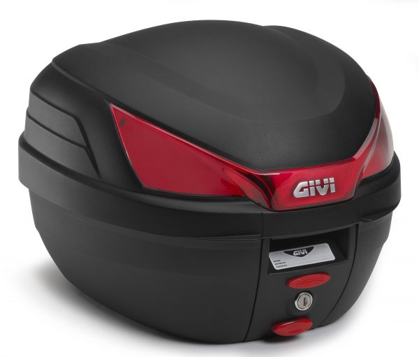 Bauletto Givi Monolock B27 da 27 lt nero goffrato con catadiottri rossi.