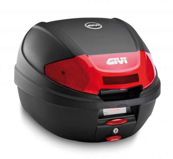 Bauletto Givi Monolock E300N2 da 30 lt nero goffrato con catadiottri rossi.