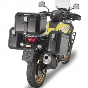 Valigia MONOKEY® Trekker Dolomiti in alluminio verniciato nero, 46 lt montato su suzuki V-STROM