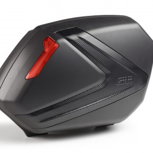 Coppia di valigie laterali Monokey Side Givi V37 nere goffrate con cover carbon look e catadiottri rossi, capacità 37lt.