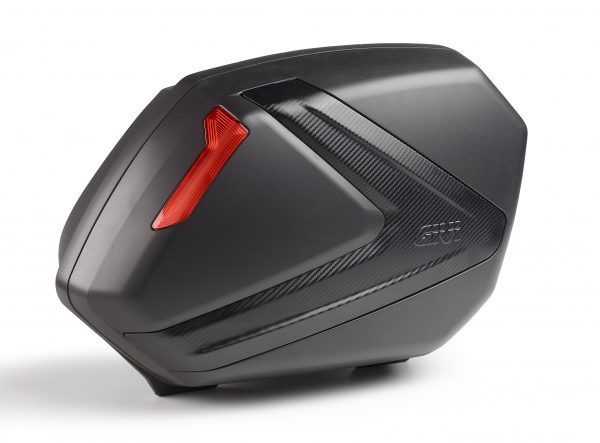 Coppia di valigie laterali Monokey Side Givi V37 nere goffrate con cover carbon look e catadiottri rossi, capacità 37lt.