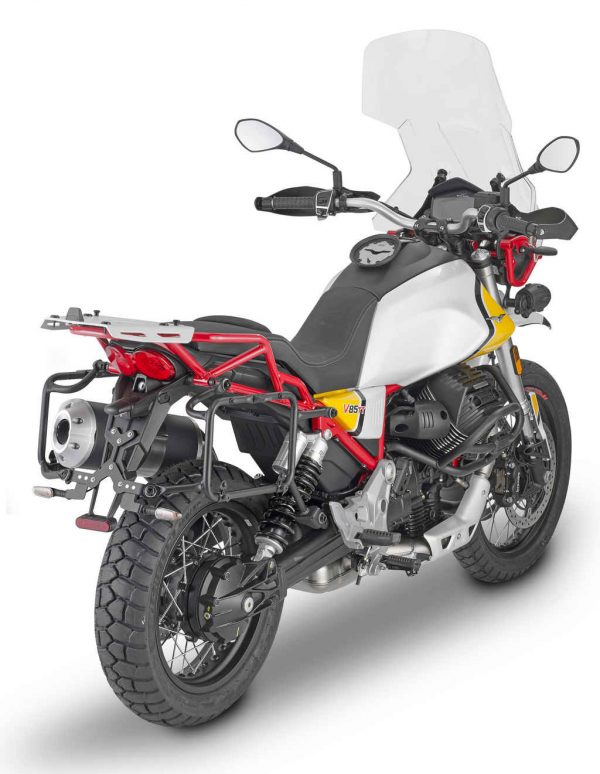 Supporto per valigie GIVI Monokey per Moto Guzzi V85TT, non necessita di ulteriori piastre, sistema di sgancio rapido del bauletto.