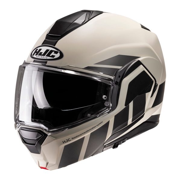 HJC i100 Beis MC9SF - Beige Nero - Casco modulare in policarbonato: leggerezza, vestibilità e comfort. Mentoniera rotazionale. Acquista su motonardishop.it!