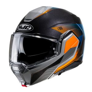 HJC i100 Beston MC27 - Nero Arancione Grigio Blu - Casco modulare in policarbonato: leggerezza, vestibilità e comfort. Mentoniera rotazionale. Acquista su motonardishop.it!