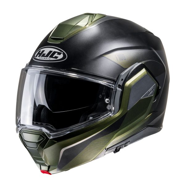 HJC i100 Beston MC4SF - Verde Nero - Casco modulare in policarbonato: leggerezza, vestibilità e comfort. Mentoniera rotazionale. Acquista su motonardishop.it!