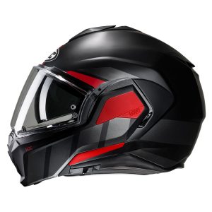 HJC i100 Beis MC1SF - Nero Rosso - Casco modulare in policarbonato: leggerezza, vestibilità e comfort. Mentoniera rotazionale. Acquista su motonardishop.it!