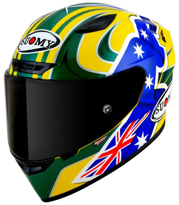 Suomy TRACK-1 Troy Bayliss Replica 2005 è il nuovissimo integrale SUOMY di ultima generazione composto in TRICARBOCO (carbonio-fibre aramidiche-fibre di vetro) sviluppato allo scopo di ottenere miglior comfort per l’uso in pista e in strada.