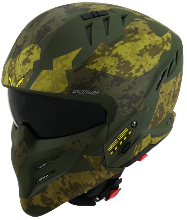 Il Casco modulare Suomy Armor Urban Squad Green, ispirato al mondo movie e sci-fi, è il nuovissimo modulare SUOMY composto in materiale termoplastico ADT-Advanced sviluppato e ottimizzato per l'utilizzo cittadino e low ride.